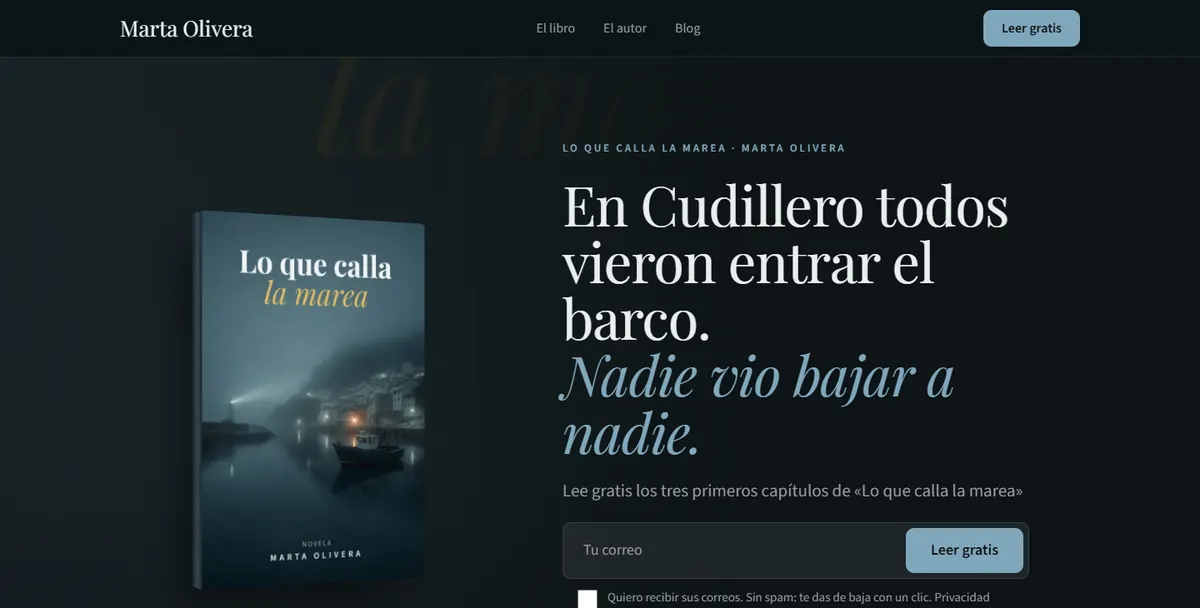 Web de ejemplo de Marta Olivera con «Lo que calla la marea»