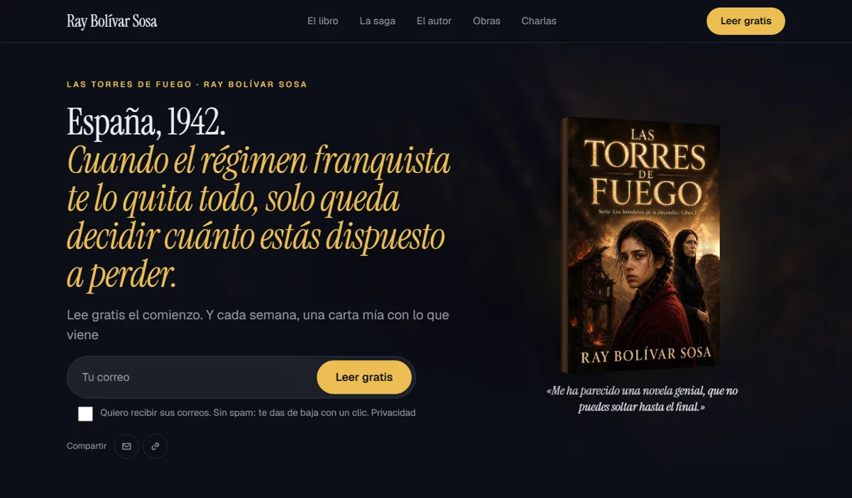 La portada de la web de un autor: su libro, una frase y el campo para dejar el correo